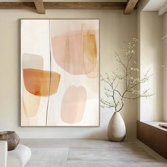 Contemporary hand-painted abstract art featuring peach and neutral tones with simple shapes and subtle watercolor textures for a serene aesthetic. DLZ1689