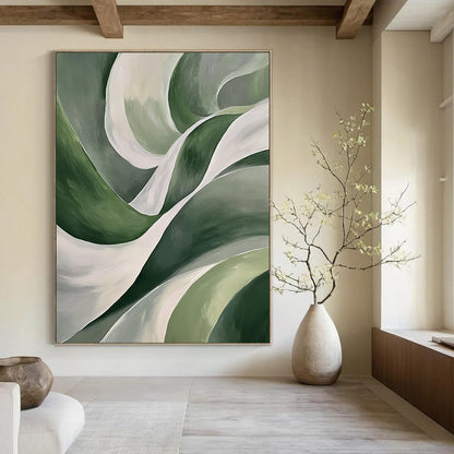 Contemporary hand-painted abstract art features smooth green leaf-like curves and white waves on a dark gray background, creating a striking visual impact. DLZ1209