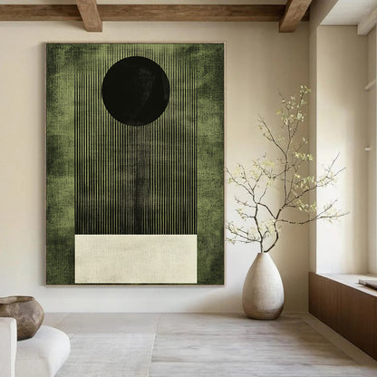 Contemporary abstract artwork featuring a dark green background with a white square and grainy texture highlighting a bold black circle. DLZ1610