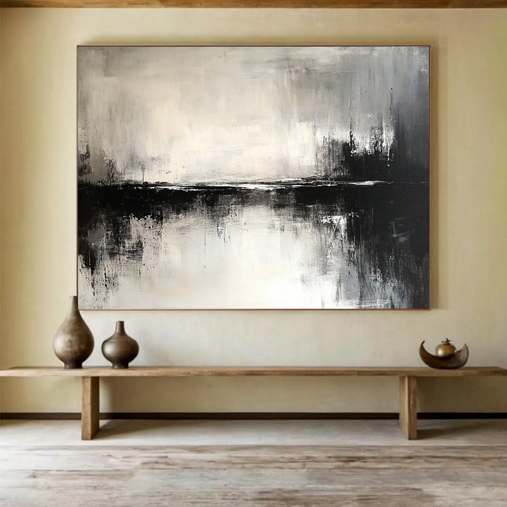“Abstract Black - White Water Reflection” - Black, White, Reflective Textures Painting On Canvas HB0798