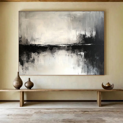 “Abstract Black - White Water Reflection” - Black, White, Reflective Textures Painting On Canvas HB0798