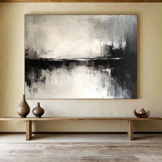 “Abstract Black - White Water Reflection” - Black, White, Reflective Textures Painting On Canvas HB0798