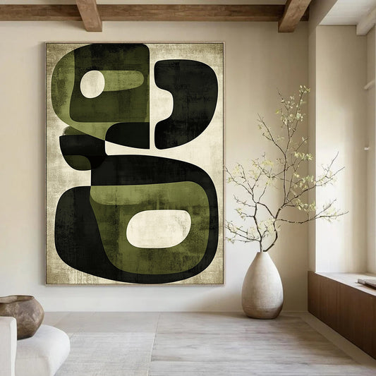 Contemporary hand-painted abstract art features organic shapes in olive green and black with a textured retro design reflecting mid-century modern aesthetics. DLZ0500