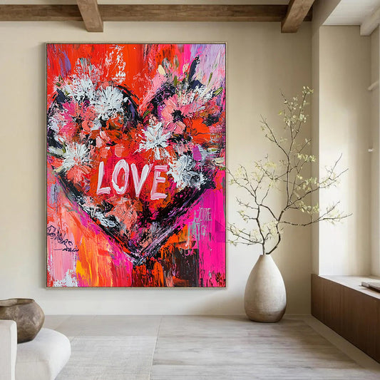 Vibrant contemporary abstract painting featuring oversized floral heart and dynamic brushstrokes with engaging text LOVE in bold reds pinks and whites. DLZ1494
