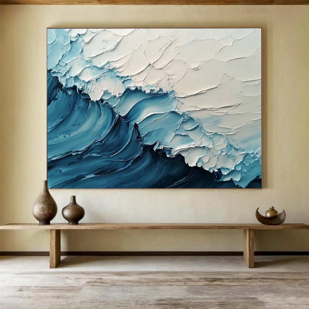 “Soft Blue and White Rippling Waves” - Light Blue, White, Textured Wave Abstract Painting On Canvas HB0977