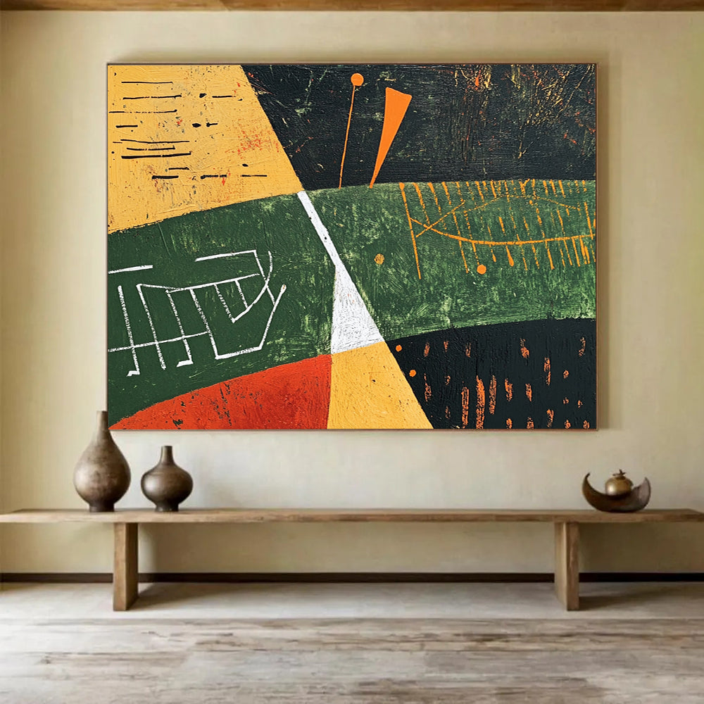 “Geometric Landscape Abstract” - Green, Yellow, Orange, Black, White, Geometric Fields, Symbols - Painting On Canvas HB1445