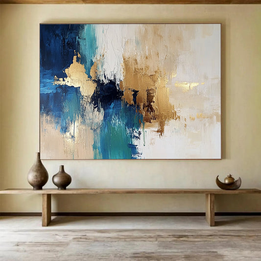 “Blue and Gold Abstract Fusion” - Blue, Gold, White, Abstract Color Fusion Painting On Canvas HB0968