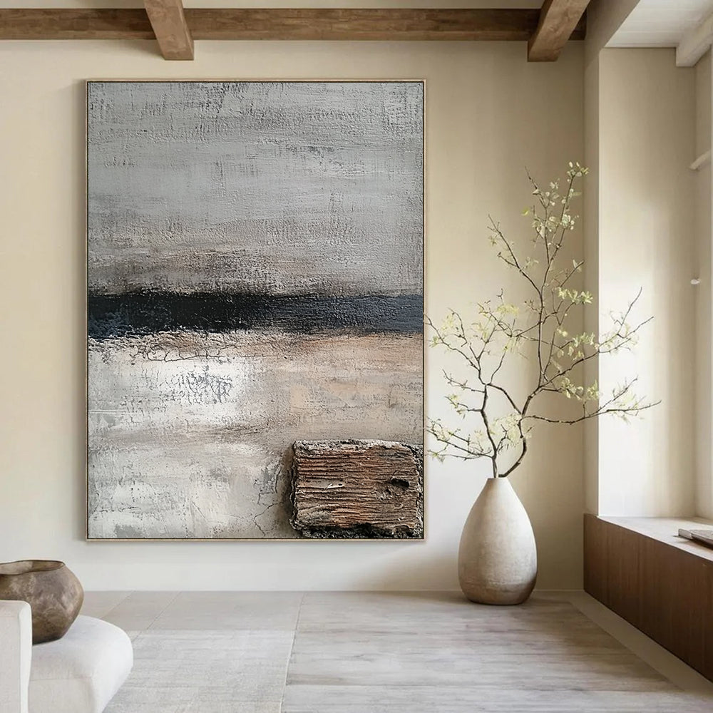 Contemporary hand-painted abstract art featuring shades of gray and white with textured wood and hints of dark blue for a serene aesthetic. DLZ0925