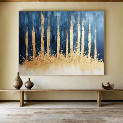 “Gold - Tree Silhouettes on Blue” - Gold, Blue, Beige, Tree Shapes Painting On Canvas HB0815