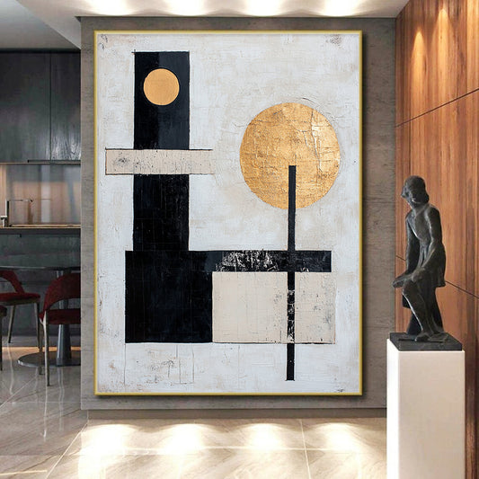 White, Black, Gold with Geometric Circles "Celestial Balance" Abstract Painting On Canvas HB018