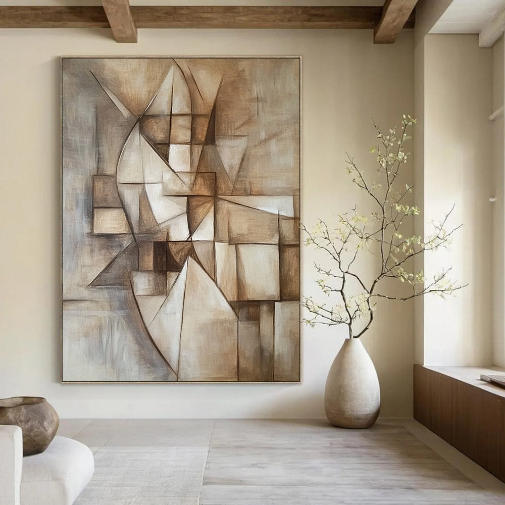 Contemporary hand-painted abstract artwork featuring geometric designs in neutral tones capturing harmony between simplicity and complexity with a focus on depth and perspective. DLZ1093