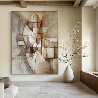 Contemporary hand-painted abstract artwork featuring geometric designs in neutral tones capturing harmony between simplicity and complexity with a focus on depth and perspective. DLZ1093