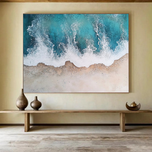 “Aerial Ocean Waves” - Turquoise, white, beige; Abstract aerial beach view; Textured Acrylic Painting On Canvas HB1191