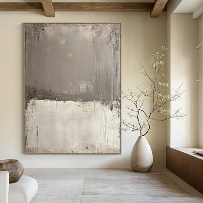 Contemporary hand-painted abstract canvas featuring textured gray tones with sepia edges and a bold white section for striking contrast and depth. DLZ1172