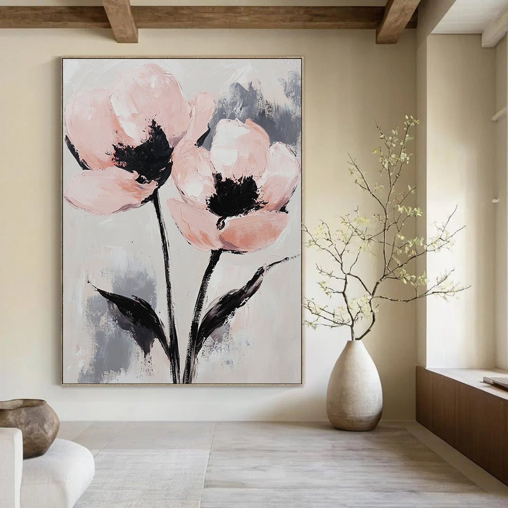 Contemporary abstract painting featuring elegant pink and gray flowers with long stems on a textured canvas background, exuding tranquility and intricate detail. DLZ1685