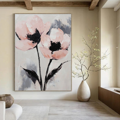 Contemporary abstract painting featuring elegant pink and gray flowers with long stems on a textured canvas background, exuding tranquility and intricate detail. DLZ1685
