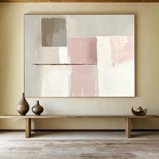 “Pastel Geometric Abstract” - Beige, Pink, White, Brown, Geometric Forms - Painting On Canvas HB1423