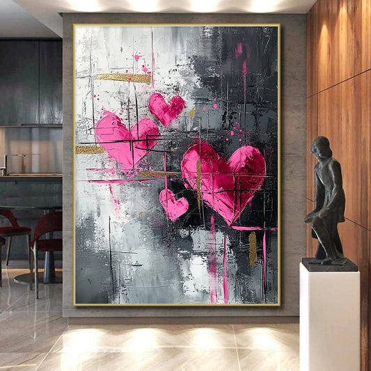 Pink Hearts, Gray Background & Gold Accents - “Elegant Romantic Fusion” Painting On Canvas HB213
