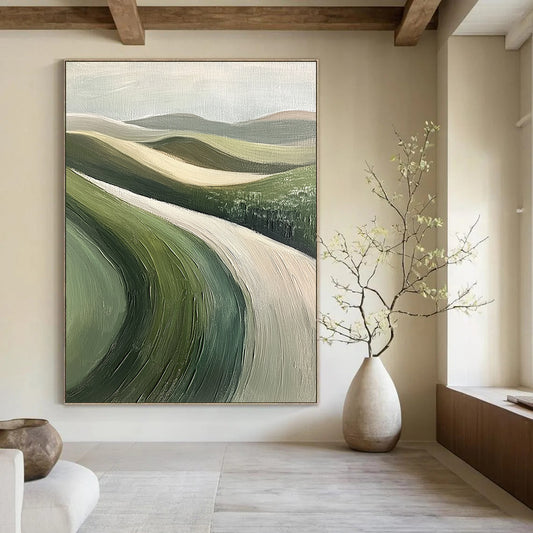 Contemporary hand-painted abstract art featuring rolling green hills, textured brushstrokes, muted colors, soft focus, and a minimalist impressionist style. DLZ1107
