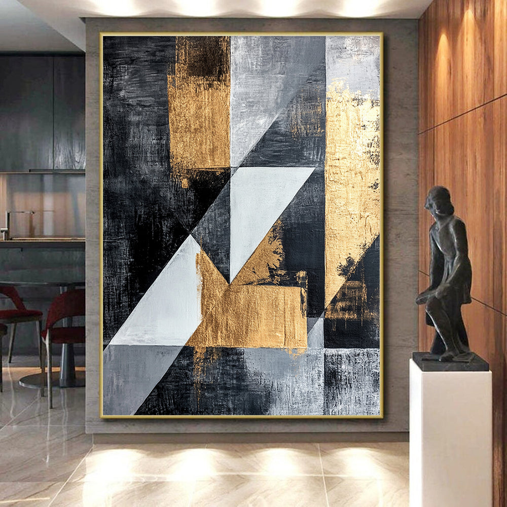 Dark Gray, Gold, Light Gray, White with Angular Shapes "Dynamic Geometry" Abstract Painting On Canvas HB013