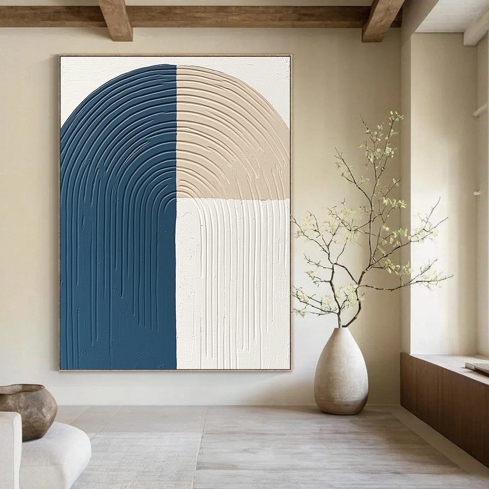 Contemporary hand-painted abstract art features thick lines and curves in blue gray and beige on a white background with a semi-circular arc shape. DLZ1376