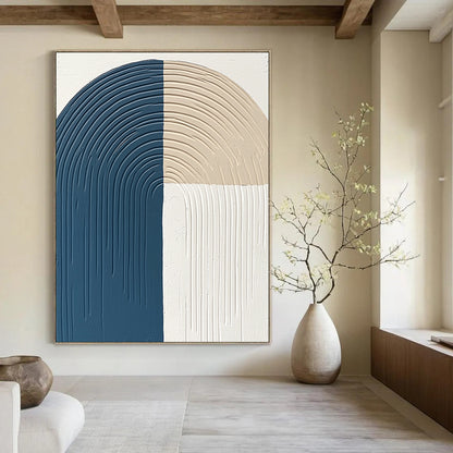 Contemporary hand-painted abstract art features thick lines and curves in blue gray and beige on a white background with a semi-circular arc shape. DLZ1376