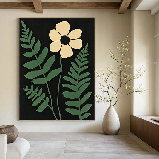 Contemporary abstract art featuring a white flower and green fern leaves on a striking black background with muted colors inspired by Matisse. DLZ1636