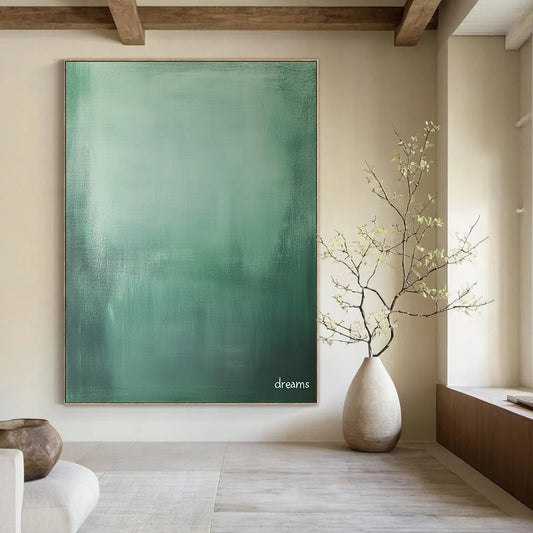 Contemporary abstract art features a tranquil green and grey gradient with the word dreams in white, perfect for evoking nostalgia and solitude in photography. DLZ1283