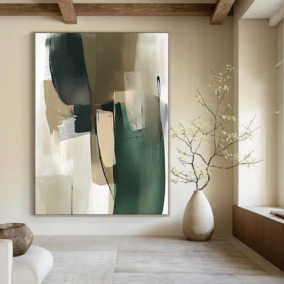 Contemporary abstract painting showcasing a green and beige palette with thick brush strokes and minimalistic shapes in a modernist style. DLZ0535