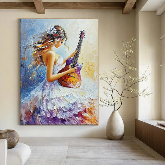 Contemporary abstract oil painting featuring a girl in a flowing white and purple dress playing guitar with vibrant colors and delicate brushstrokes. DLZ1658