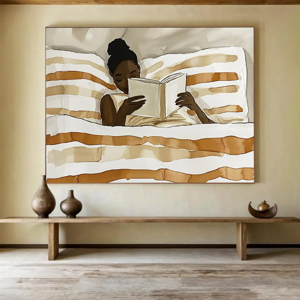 “Reading Woman in Neutral Tones” - Brown, White, Skin Tones, Figure Reading in Bed - Watercolor Illustration HB1770
