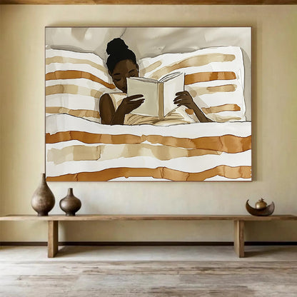 “Reading Woman in Neutral Tones” - Brown, White, Skin Tones, Figure Reading in Bed - Watercolor Illustration HB1770