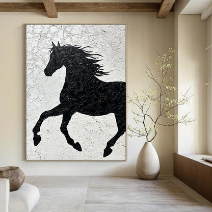 Contemporary abstract painting featuring a textured black horse silhouette on white paper emphasizing strength and freedom through impasto technique and expressive brushstrokes. DLZ1462