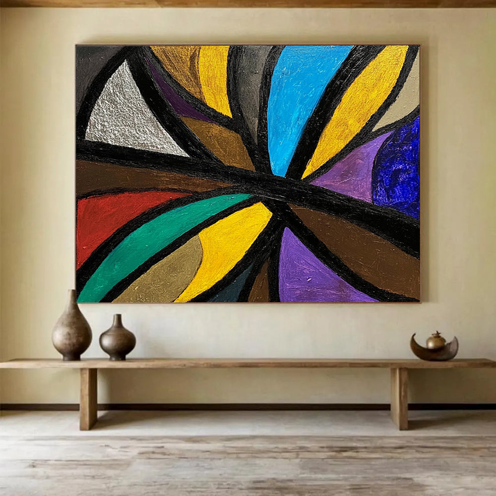 Colorful Geometric Abstract with Black Lines - Cubist - Inspired Painting On Canvas HB0495