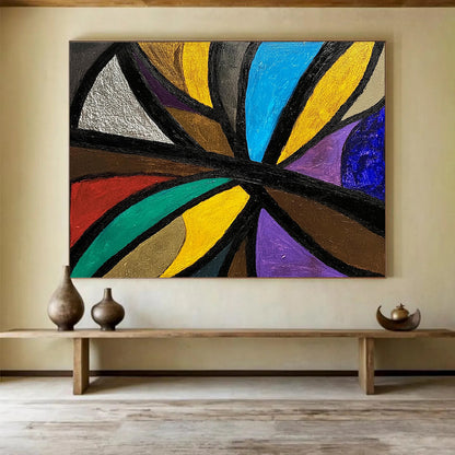 Colorful Geometric Abstract with Black Lines - Cubist - Inspired Painting On Canvas HB0495