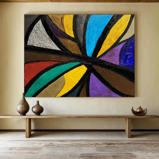 Colorful Geometric Abstract with Black Lines - Cubist - Inspired Painting On Canvas HB0495