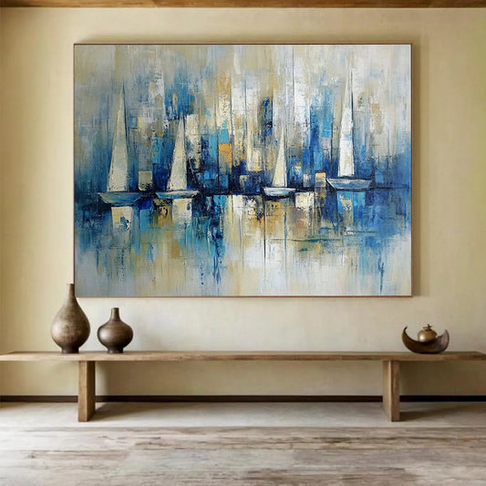 “Blue Sailboat Skyline” - Blue, Beige, White, Abstract Harbor - Impressionist Oil Painting HB1498