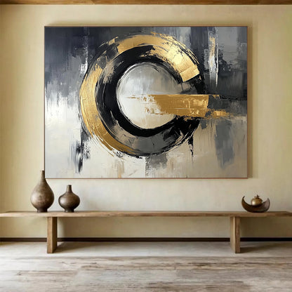 “Gold - Black Circular Abstraction” - Gold, Black, Circular Textured Painting On Canvas HB0794