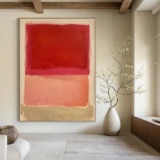 Large contemporary hand-painted abstract art featuring a red square pink rectangle and peach shape on a white background. Soft edges and flat appearance. DLZ1387