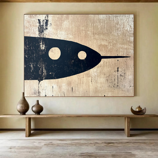 “Black Fish on Beige” - Black, beige, fish silhouette, Minimalist Mixed - Media Painting HB0616