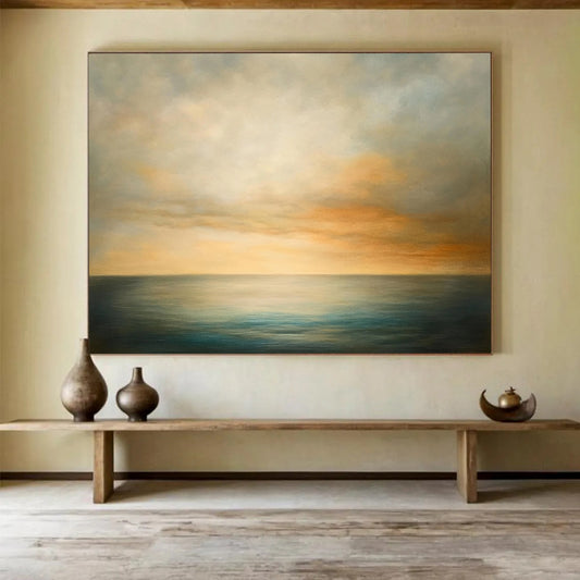 “Soft - Toned Sea and Sky” - Muted Grays, Oranges, Blues, Calm Ocean and Sky - Oil Painting HB1606
