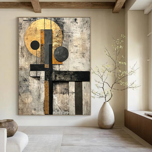 Gold, Black, Gray, White with Layered Shapes "Textured Harmony" Abstract Painting On Canvas HB002