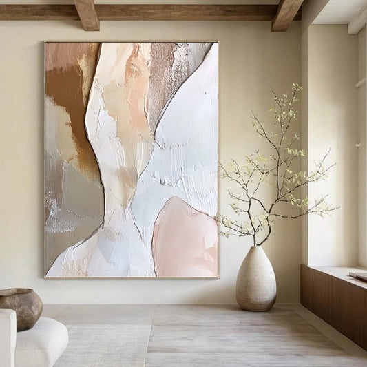 Contemporary abstract painting featuring a textured angelic figure in layered white and soft pink hues with neutral tones. Perfect for modern decor. DLZ1056