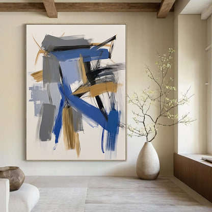 Contemporary abstract painting featuring bold blue and gold brushstrokes on white paper capturing dynamic architectural forms with expressive simplicity. DLZ0869