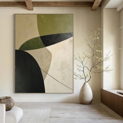 Contemporary abstract painting featuring calming white green and black curves with shadow effects on a beige background expressing simplicity and depth. DLZ1399