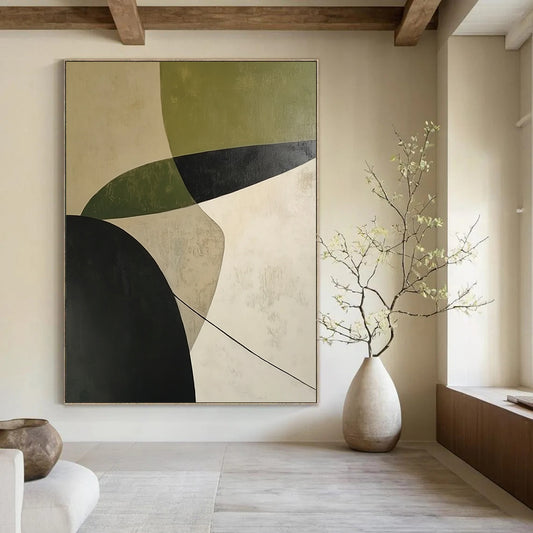 Contemporary abstract painting featuring calming white green and black curves with shadow effects on a beige background expressing simplicity and depth. DLZ1399