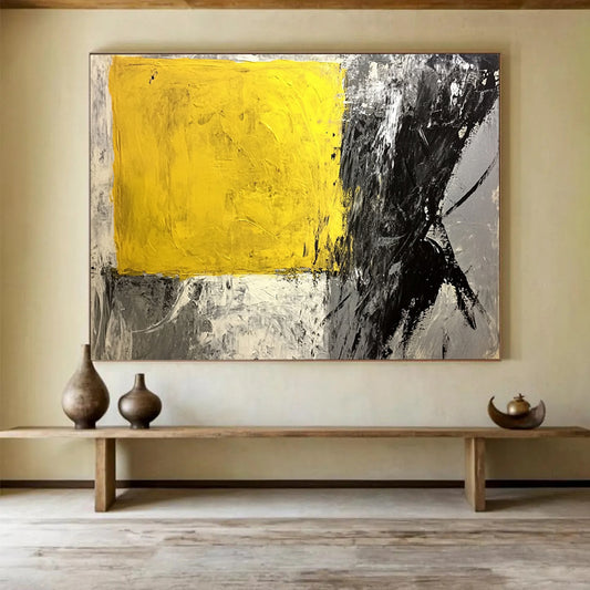 “Yellow - Black Abstract Blocks” - Yellow, Black, Gray - Painting On Canvas HB1409