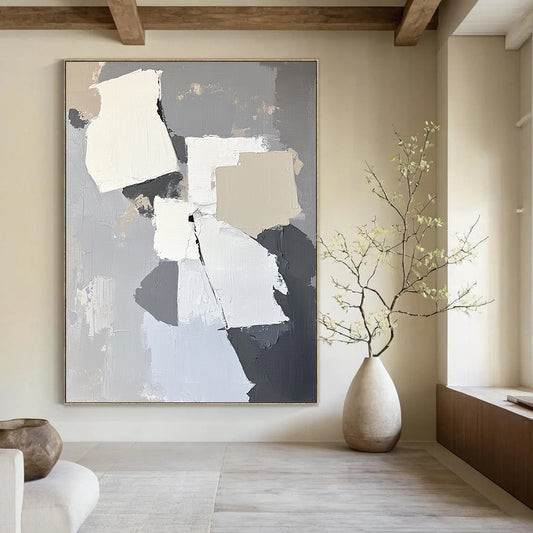 Contemporary abstract artwork featuring gray and white shapes, thick strokes, and a neutral background, perfect for enhancing interior walls. DLZ0804