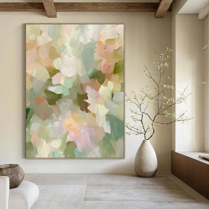 Contemporary hand-painted abstract artwork featuring soft pastel tones and impressionist style evokes spring flowers with muted green and beige hues. DLZ0870