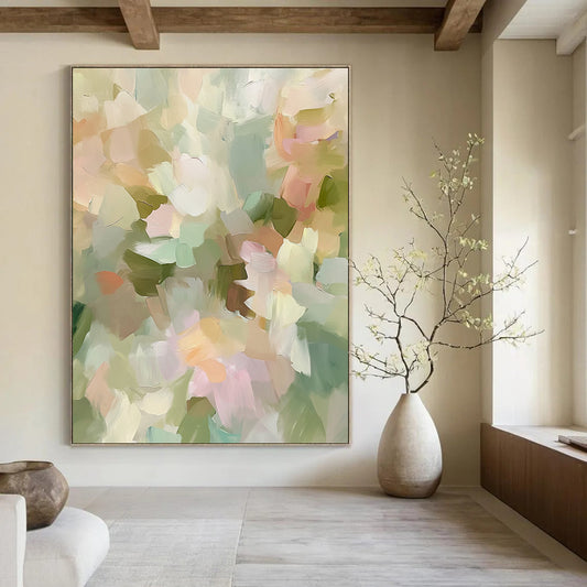 Contemporary hand-painted abstract artwork featuring soft pastel tones and impressionist style evokes spring flowers with muted green and beige hues. DLZ0870